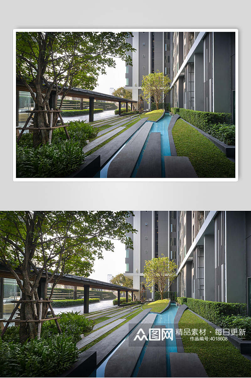 高端创意树木草坪高楼露台设计图片素材