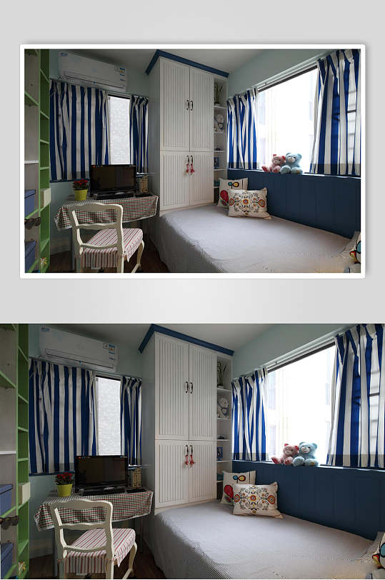 抱枕柜子窗帘蓝儿童房装修设计图片