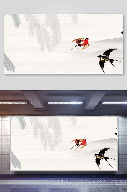 古典中国风水墨喜鹊banner背景