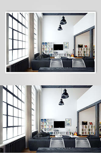 黑白色系客厅复式跃层室内设计图片