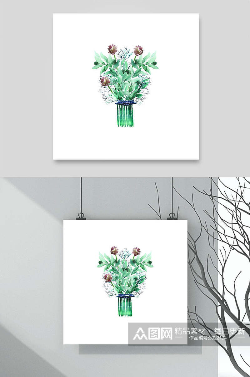 创意花瓶手绘绿植物树桩花草矢量素材素材