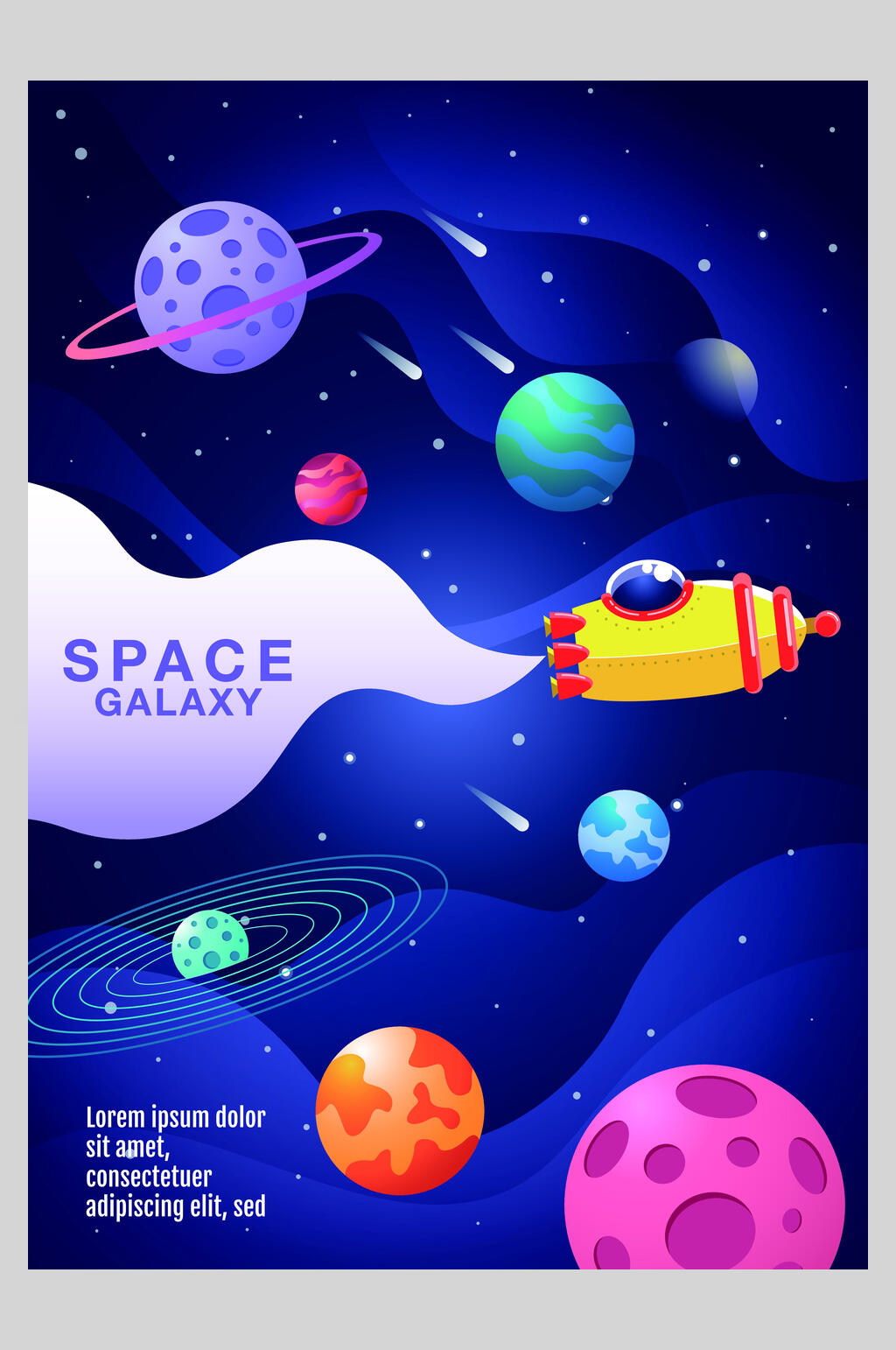 飞船蓝色卡通手绘宇宙矢量插画海报素材
