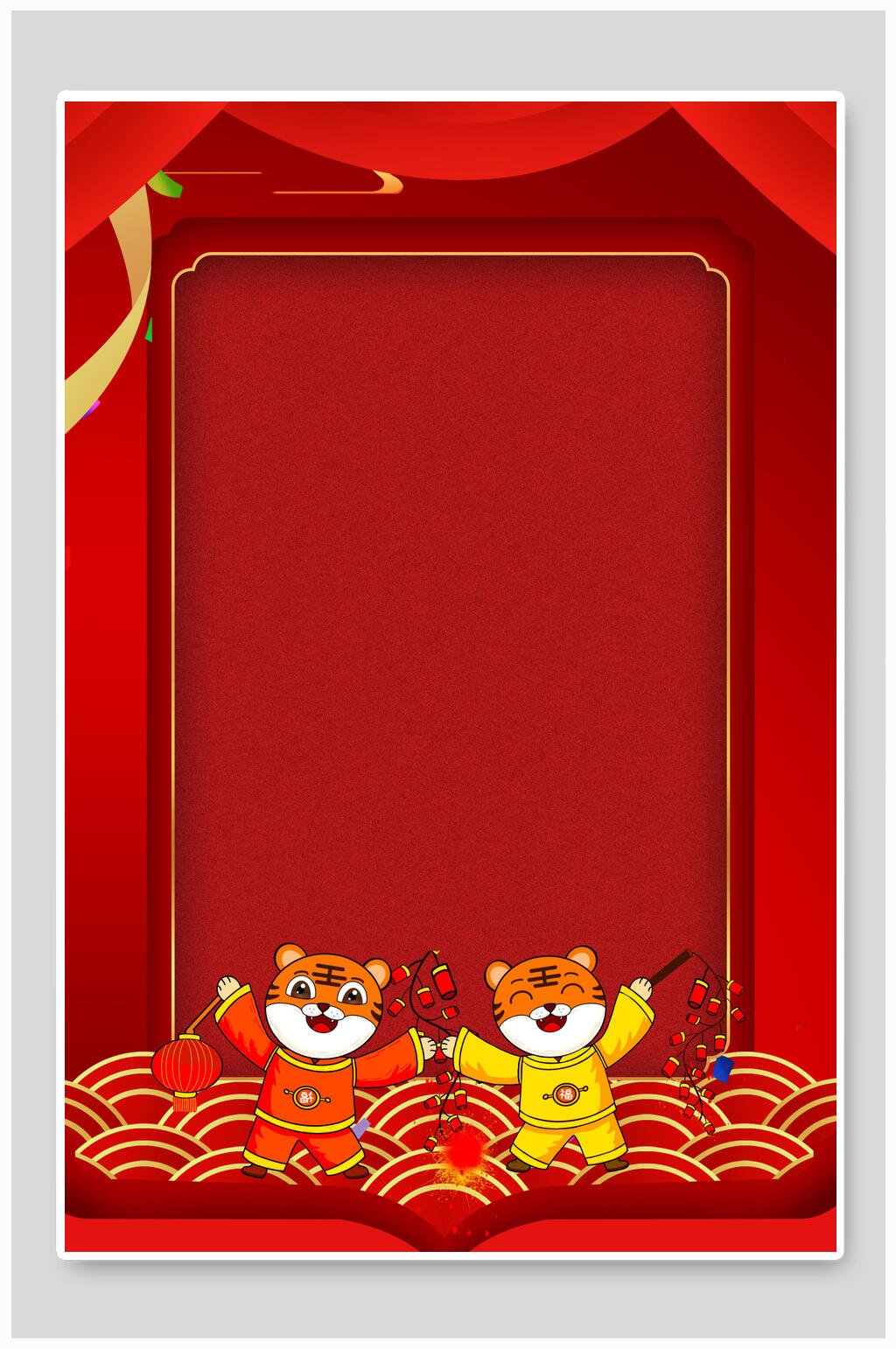 鞭炮老虎喜庆新年红色背景素材