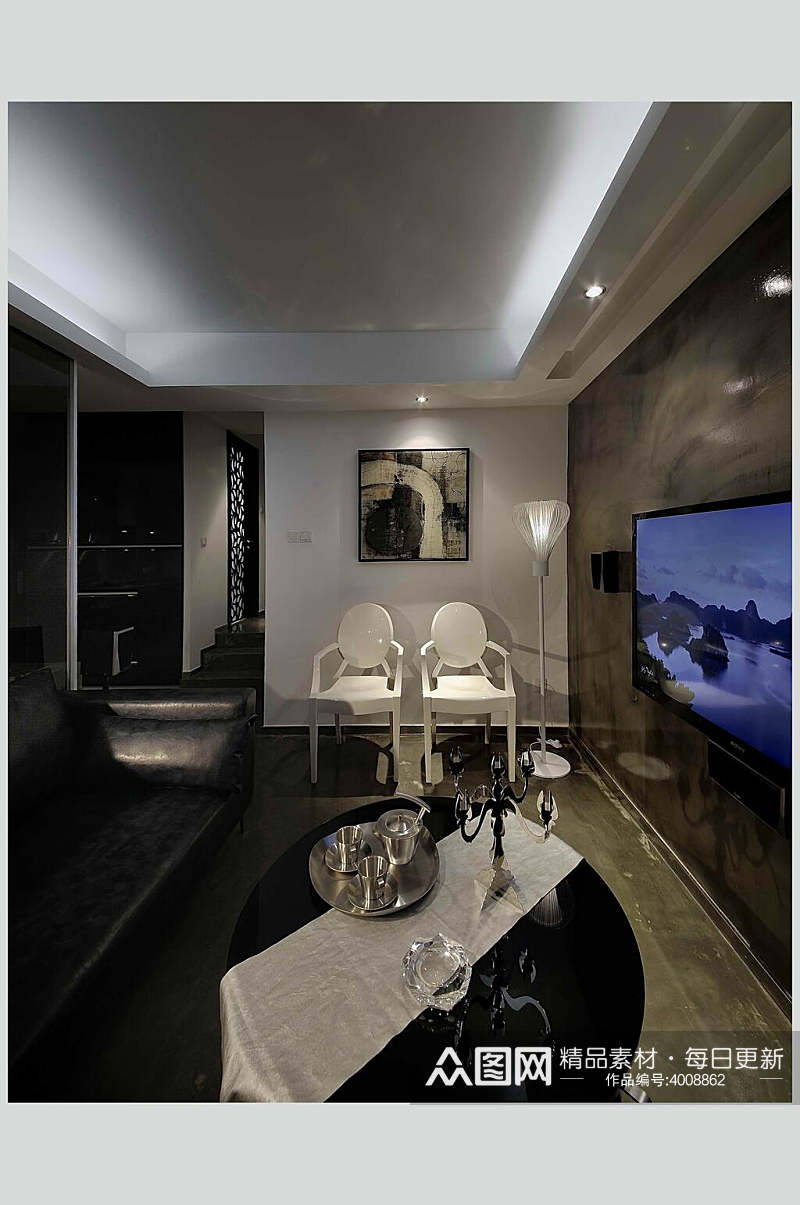 电视黄色椅子创意高端客厅设计图片素材