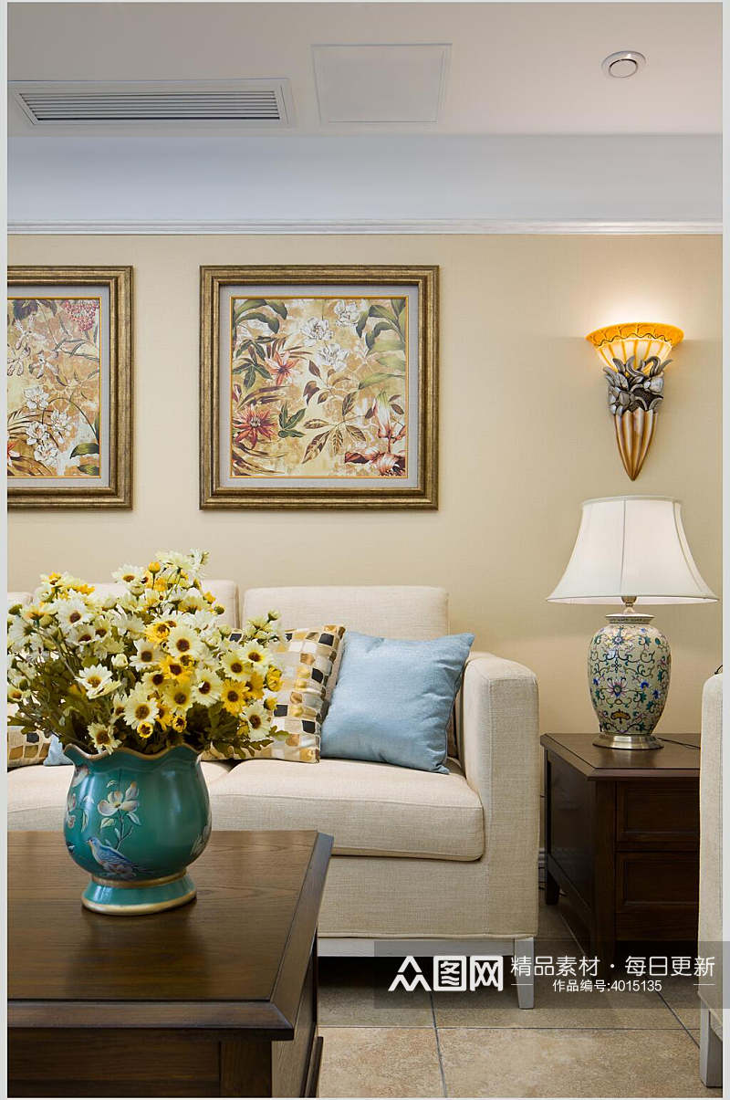 蓝色花瓶布艺沙发客厅美式三居图片素材
