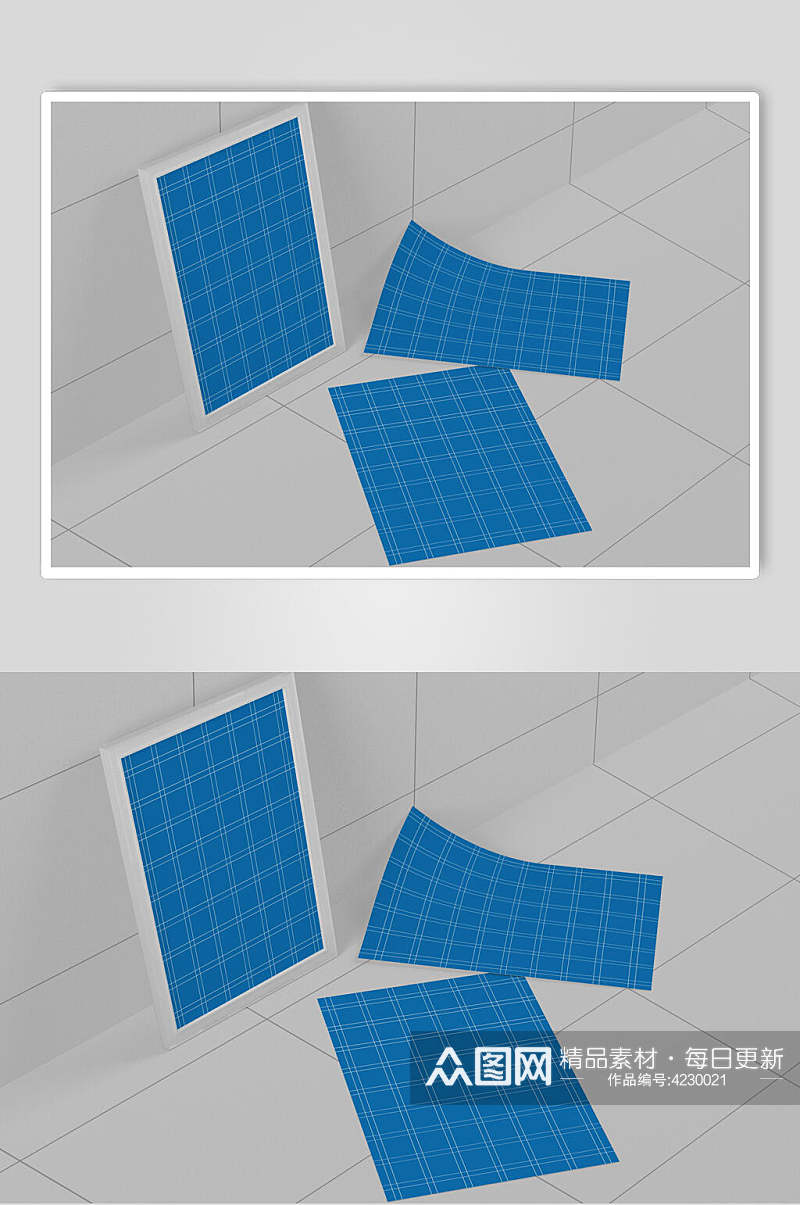 线条方格长方形简约蓝单页样机素材