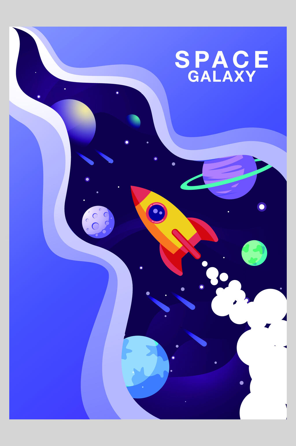 紫色飞船卡通手绘宇宙矢量插画海报素材