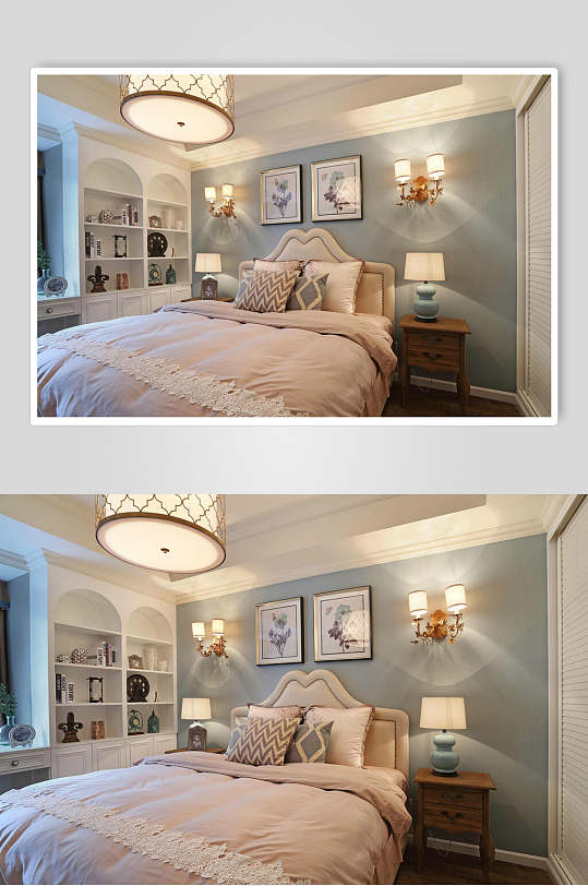 灰蓝色温馨卧室美式大户型图片