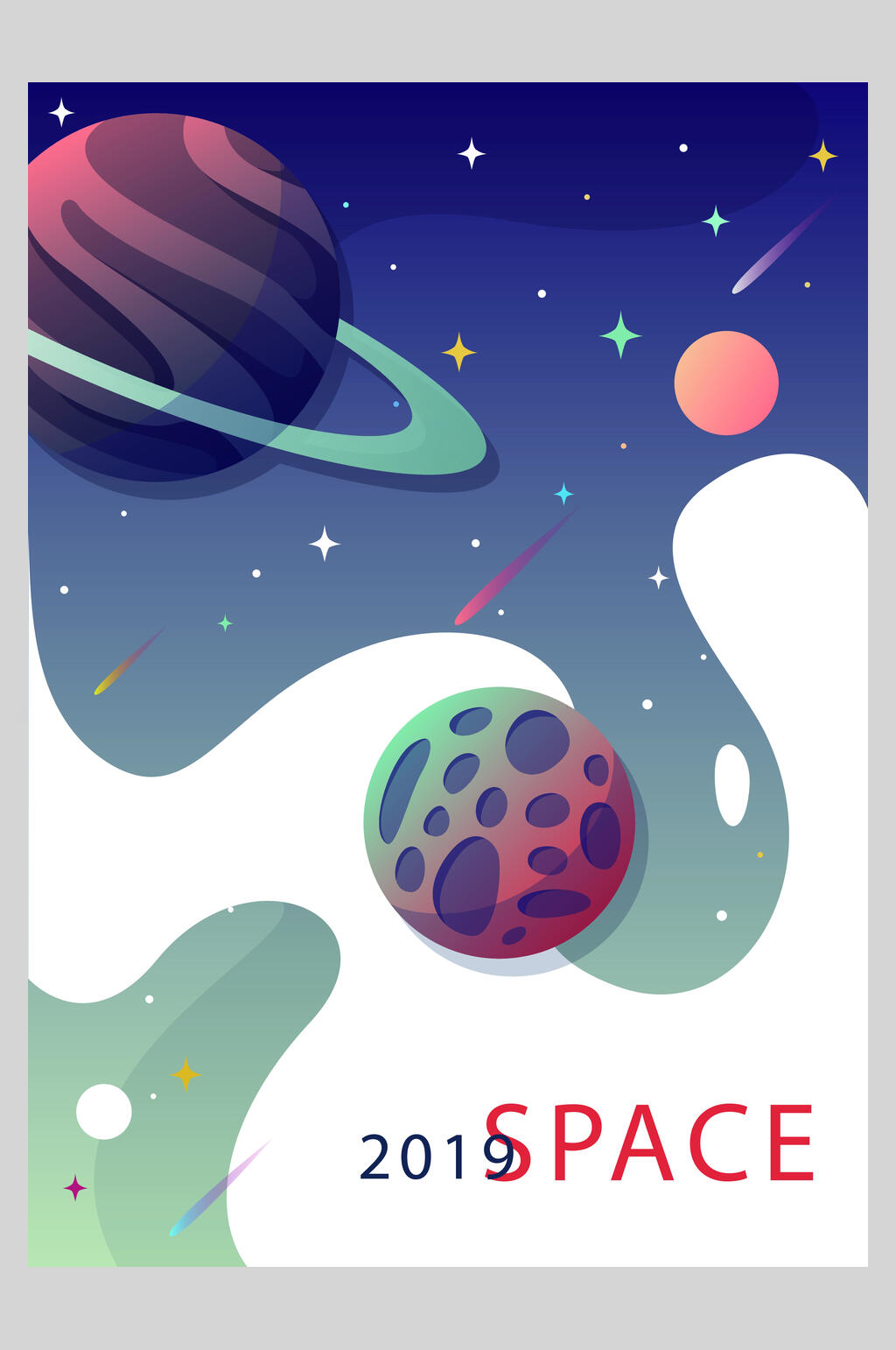 时尚英文卡通手绘宇宙矢量插画海报素材