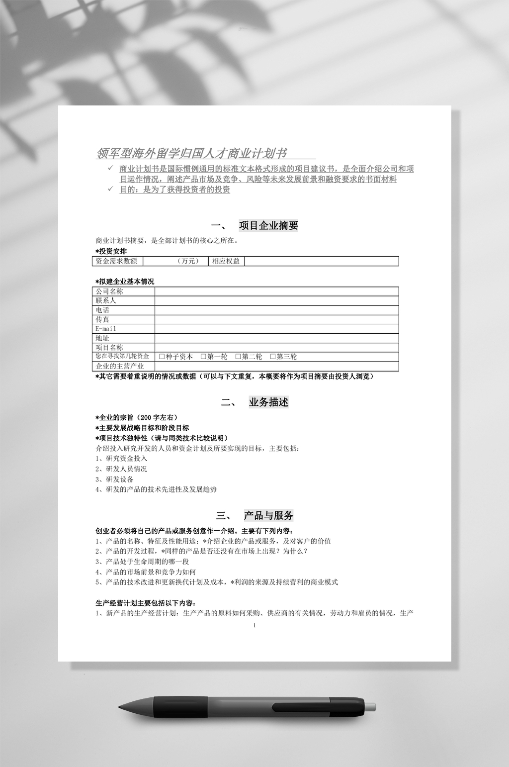 领军型海外留学归国人才商业计划书WORD素材