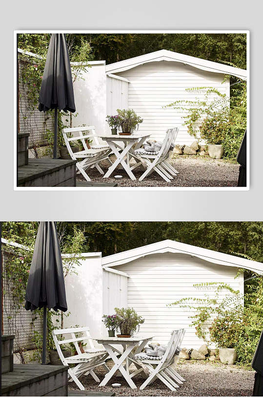 白色房屋黑色阳台伞私家庭院高颜值庭院设计图片