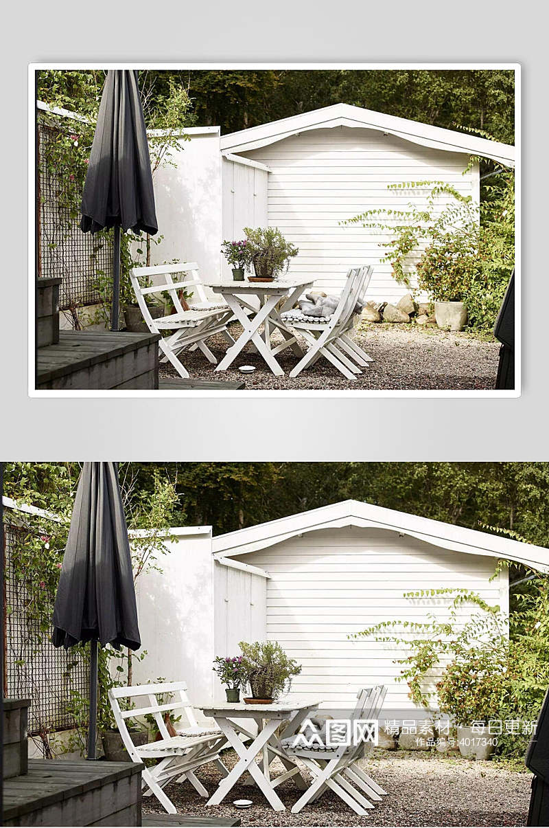 白色房屋黑色阳台伞私家庭院高颜值庭院设计图片素材