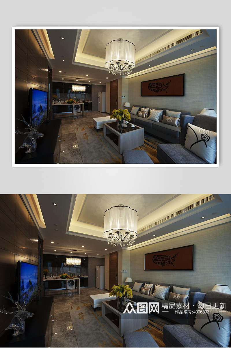 吊灯沙发高端创意抱枕客厅设计图片素材