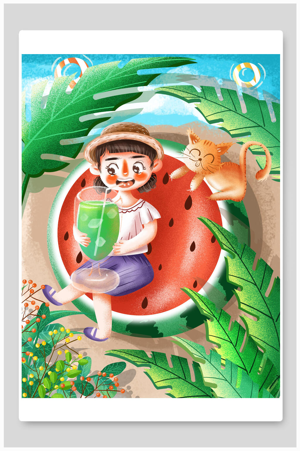 西瓜绿叶大暑节气插画素材