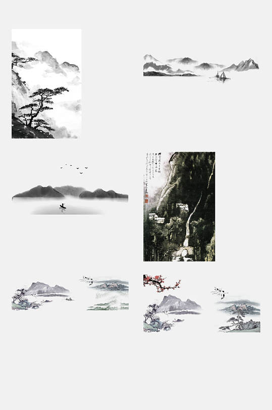 迎客松古風山水畫禪意背景免摳素材
