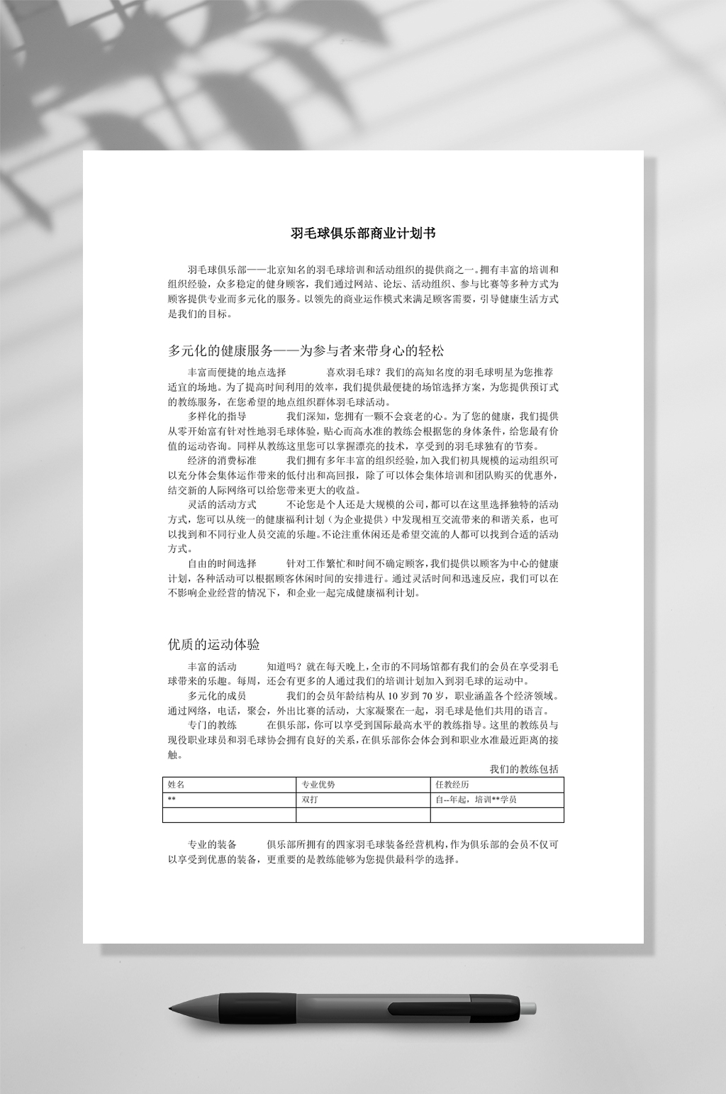 羽毛球俱乐部商业计划书WORD素材