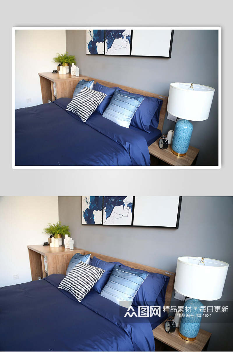 简约蓝色纯棉被罩迷你公寓图片素材
