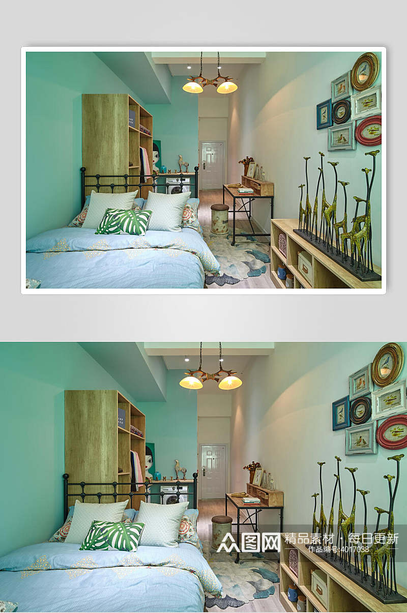 蓝色温馨迷你公寓卧室图片素材