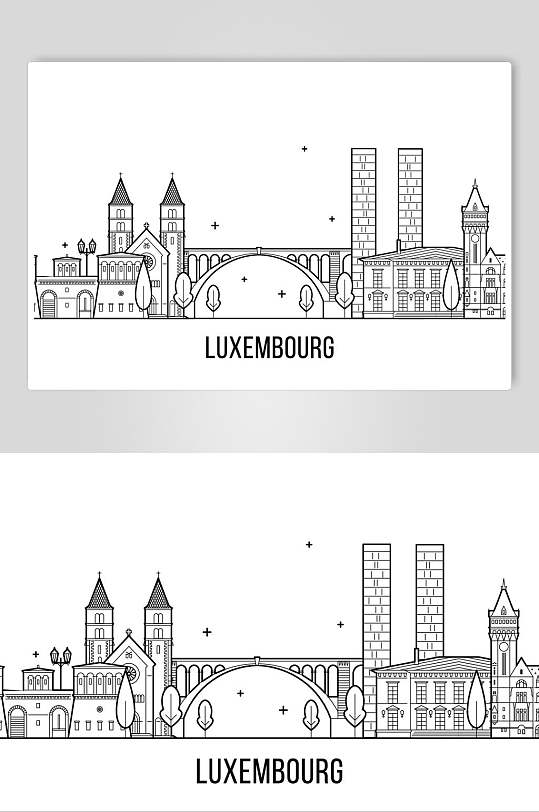 黑白手绘欧洲建筑线形轮廓矢量素材