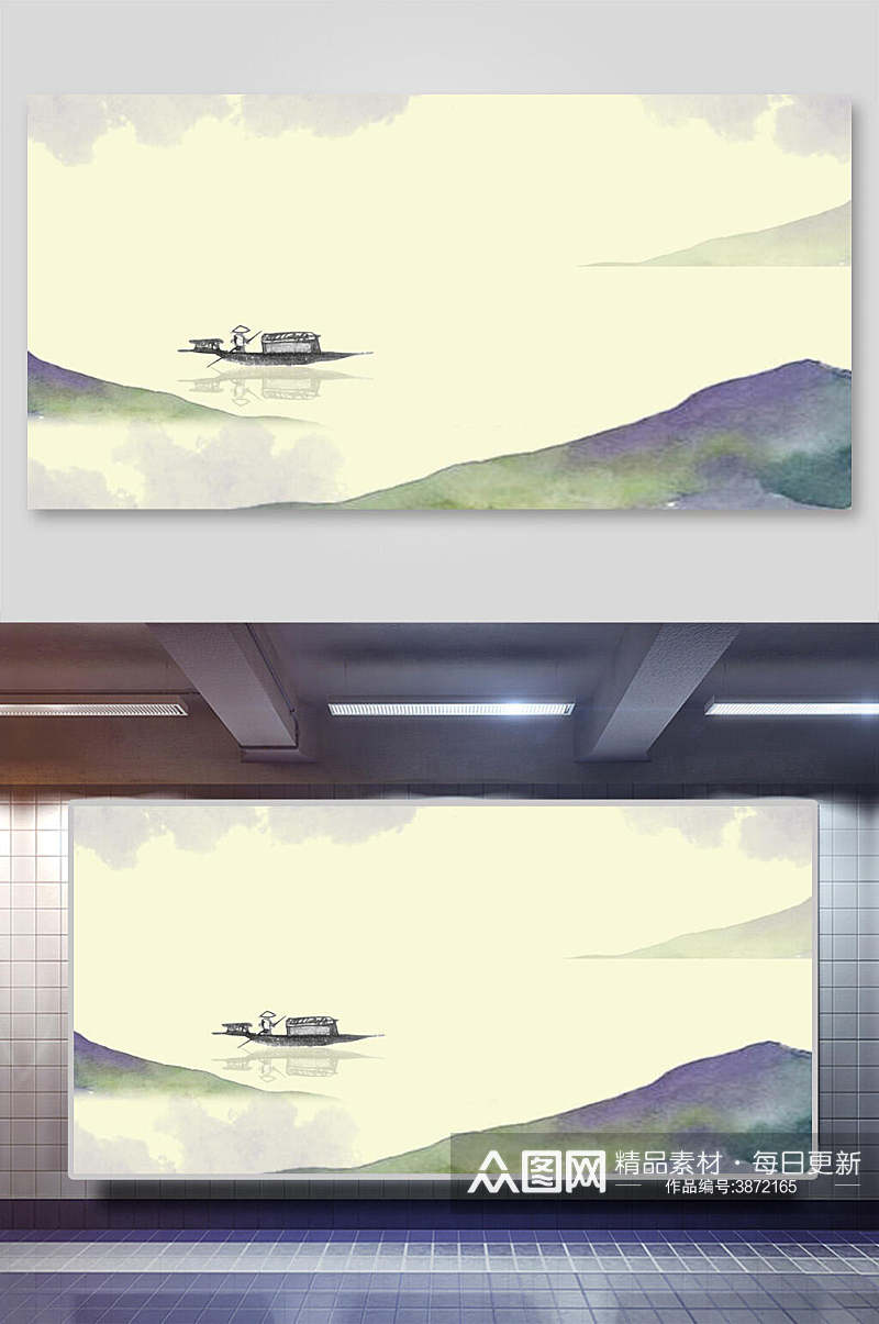 简约创意渔船古典中国风水墨banner背景素材
