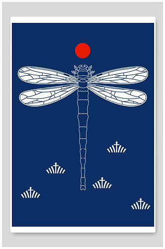 蜻蜓蓝色新中式花朵插画