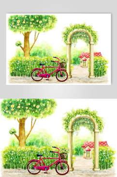 自行车小树卡通插画