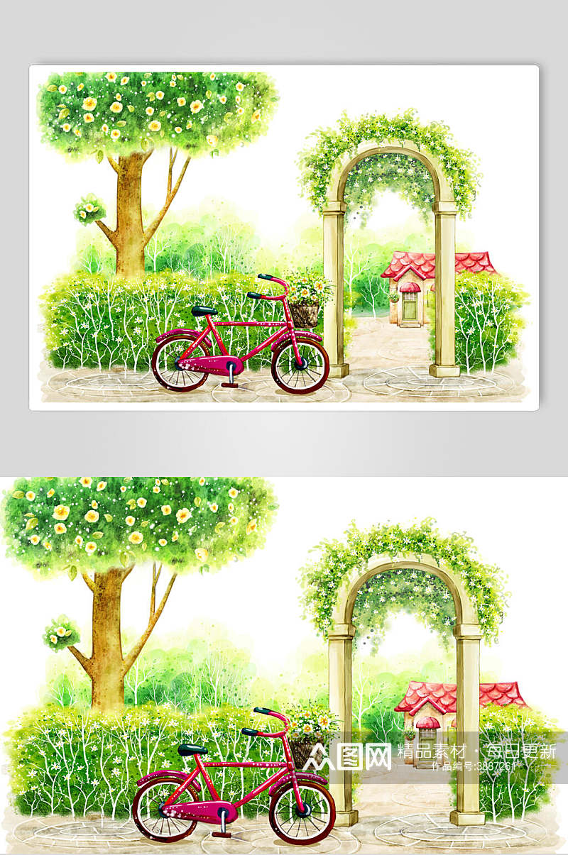 自行车小树卡通插画素材