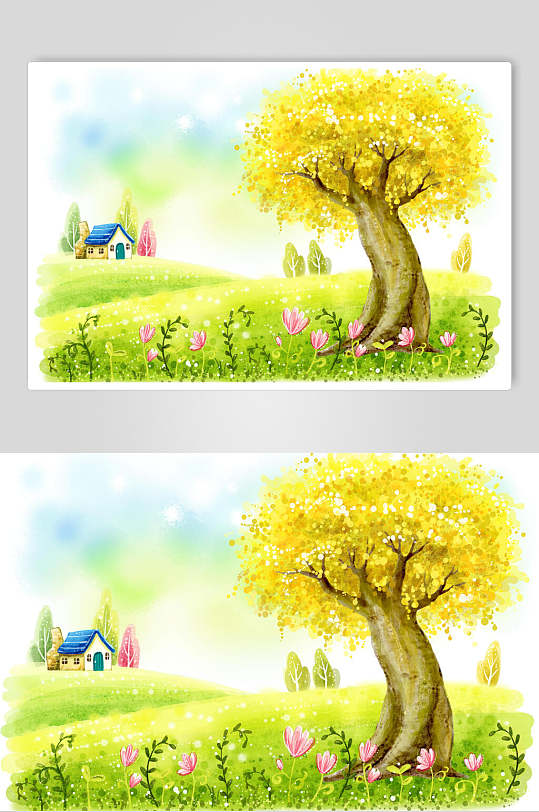 黄色树木房子绿草地卡通插画