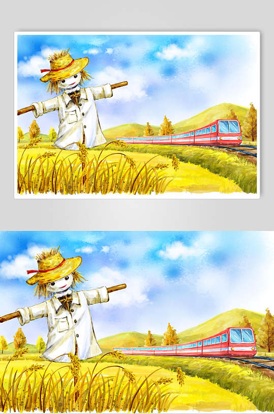 稻草人大气高端蓝黄色清新卡通插画