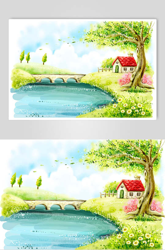 手绘小桥流水绿树红房子卡通插画