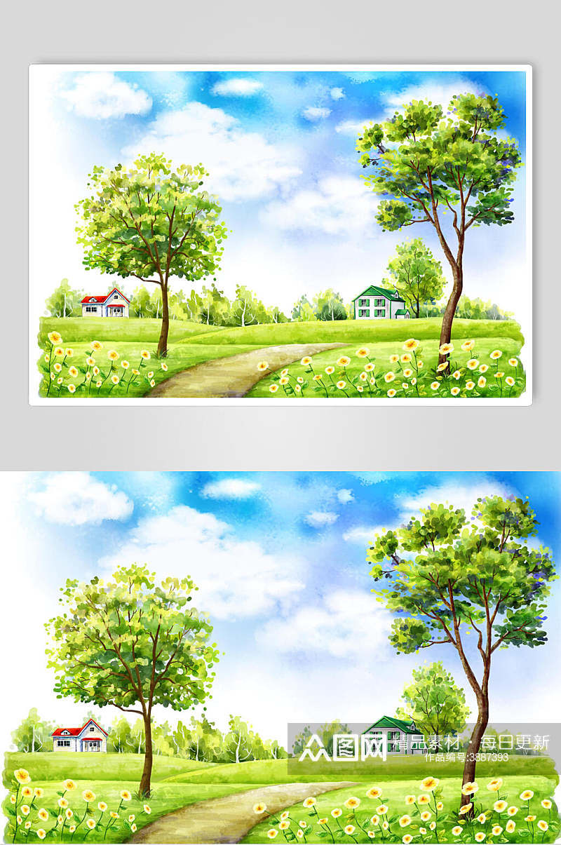 小花朵小树绿色房子卡通插画素材