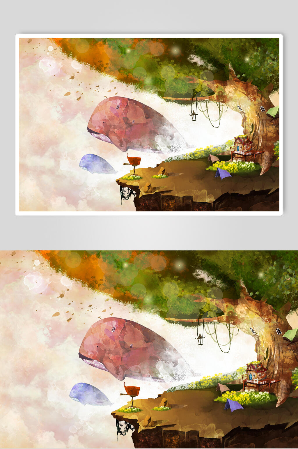梦幻古树小鲸鱼卡通插画素材