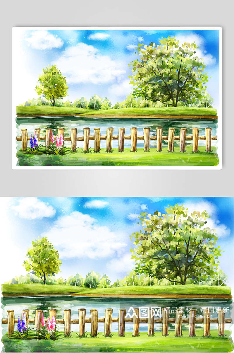 围栏河边蓝天白云绿树卡通插画素材
