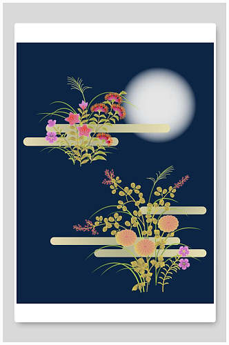 蓝色月亮新中式花朵插画