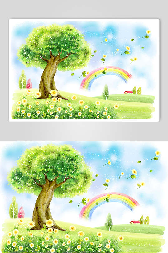 彩虹树木清新大气创意手绘卡通插画