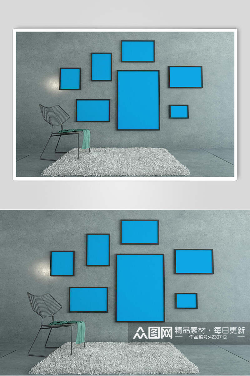 长方形板凳地毯简约蓝相框样机素材