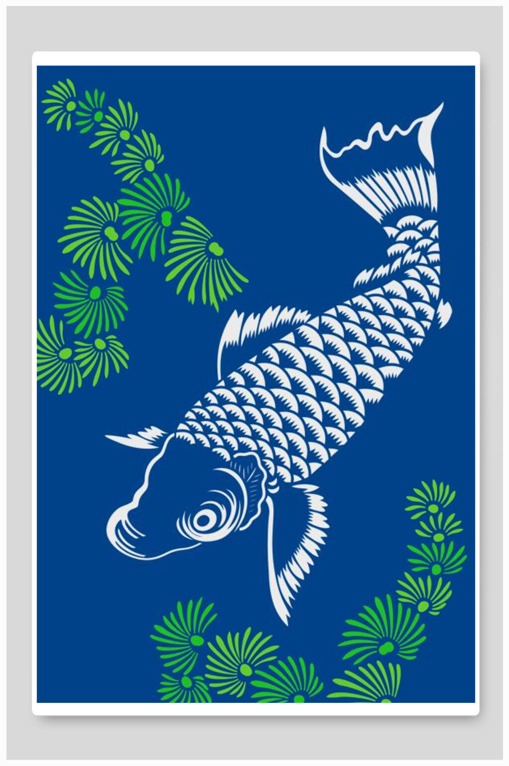 鲤鱼蓝色新中式花朵插画素材