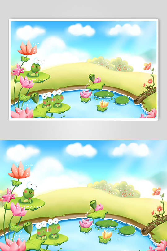 荷塘小青蛙蓝天白云卡通插画