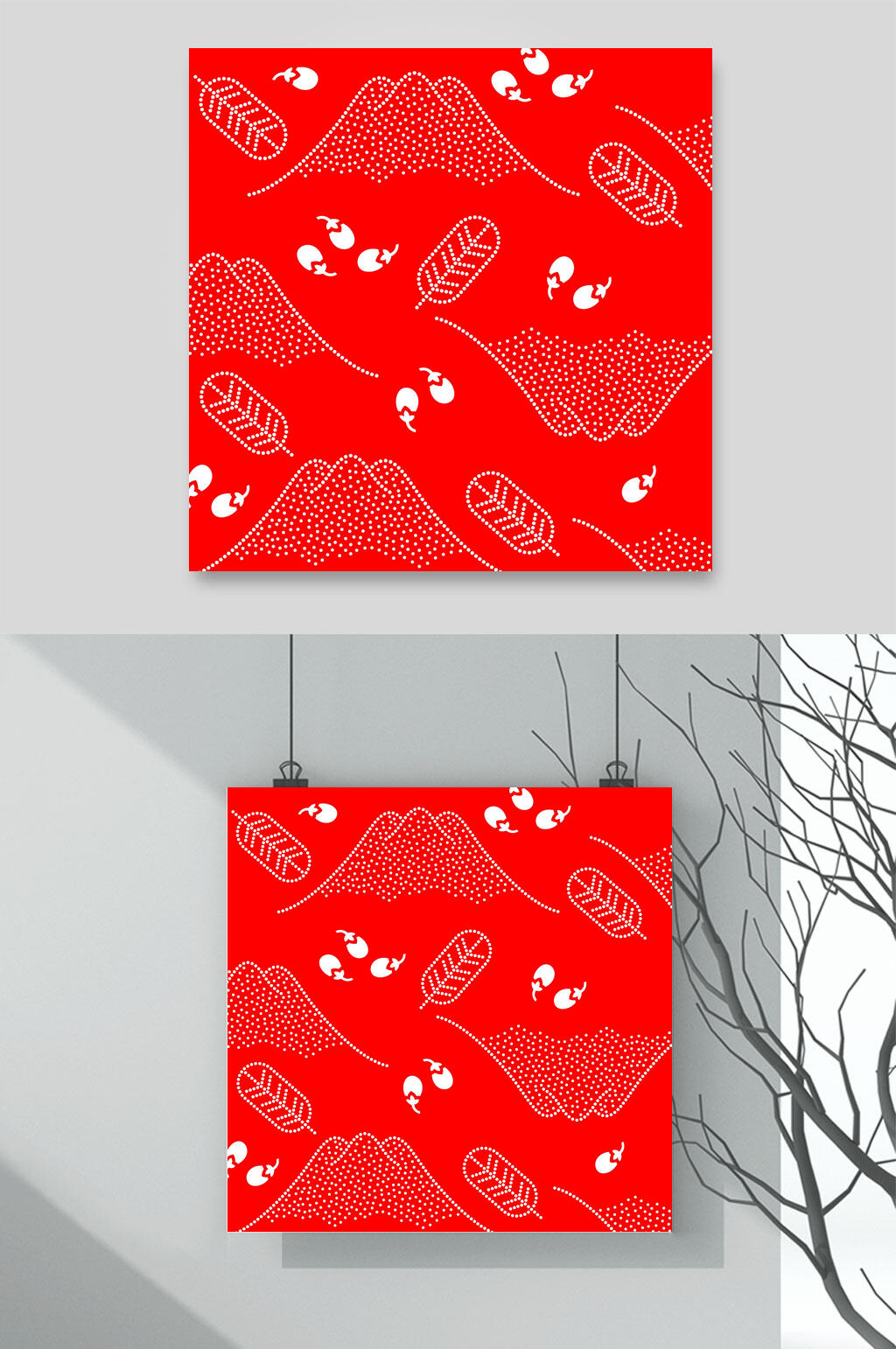 红色系树枝新中式花朵插画素材
