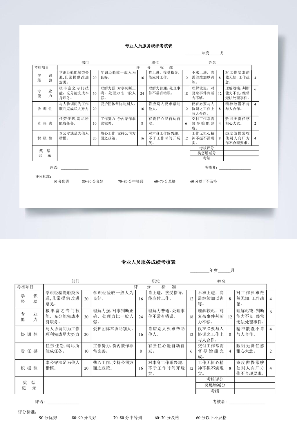 专业人员服务成绩考核表WORD素材