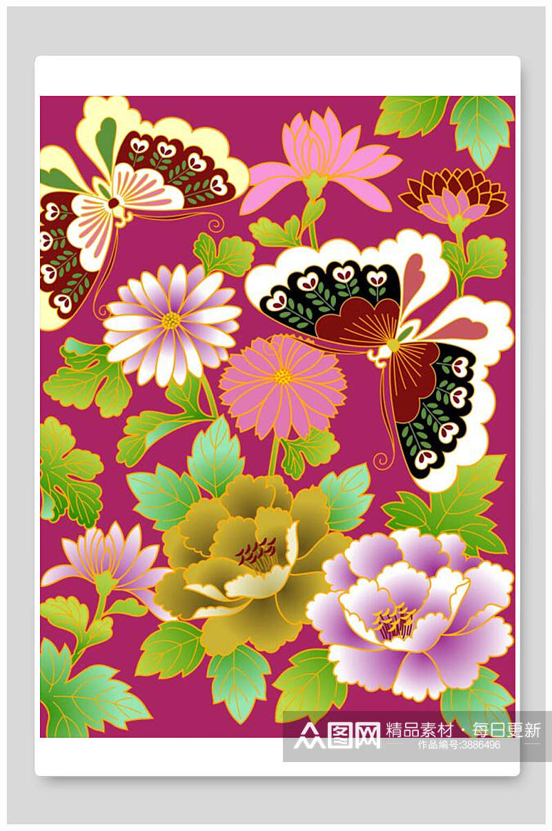 蝴蝶新中式花朵插画素材