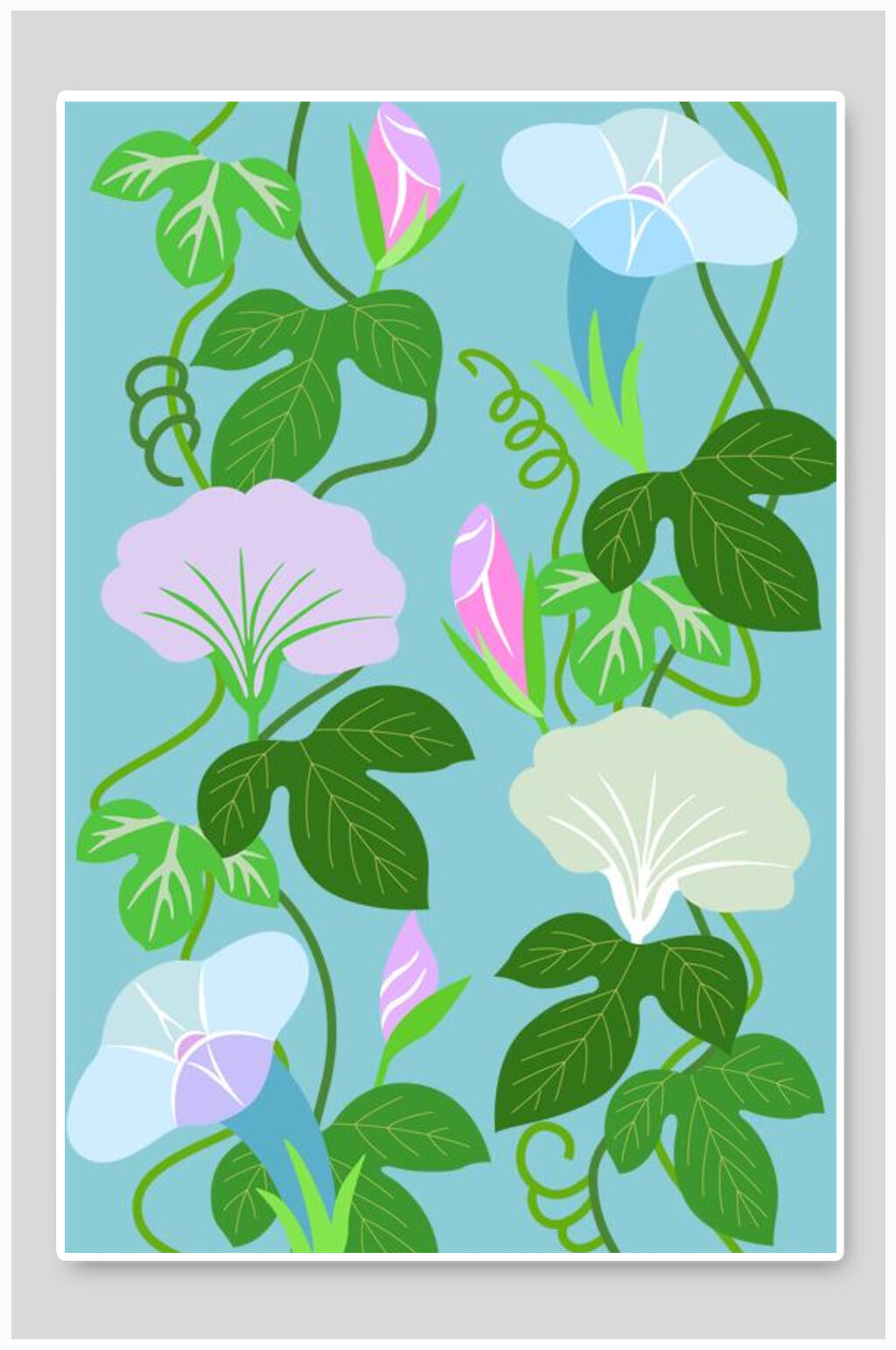 蓝色绿叶新中式花朵插画素材