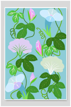 蓝色绿叶新中式花朵插画
