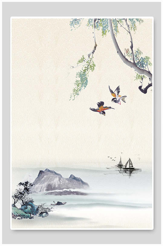 小鸟中国风水墨工笔画背景
