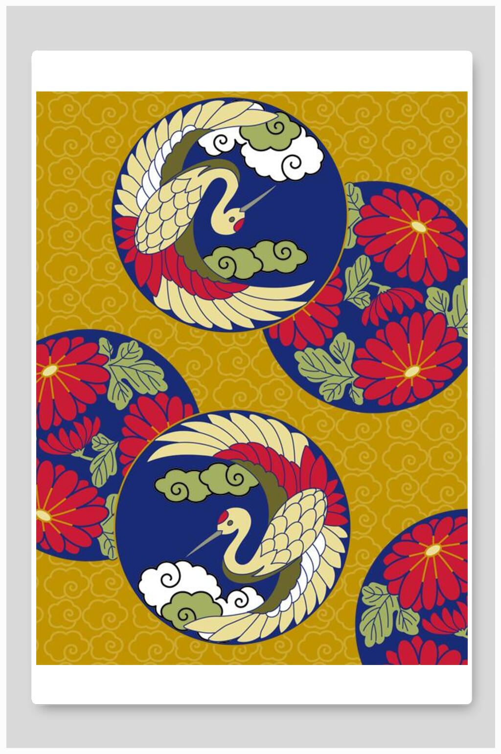 圆形新中式花朵插画素材