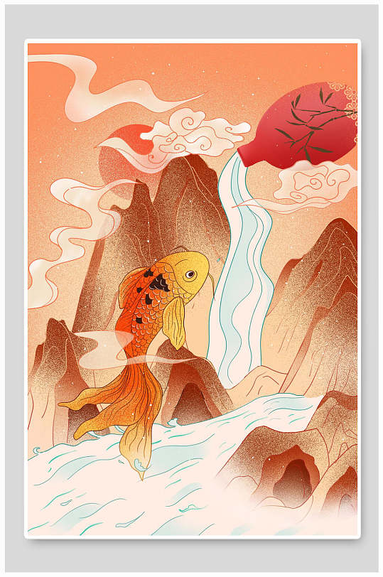 山峰黄色金鱼大气高端创意国潮插画