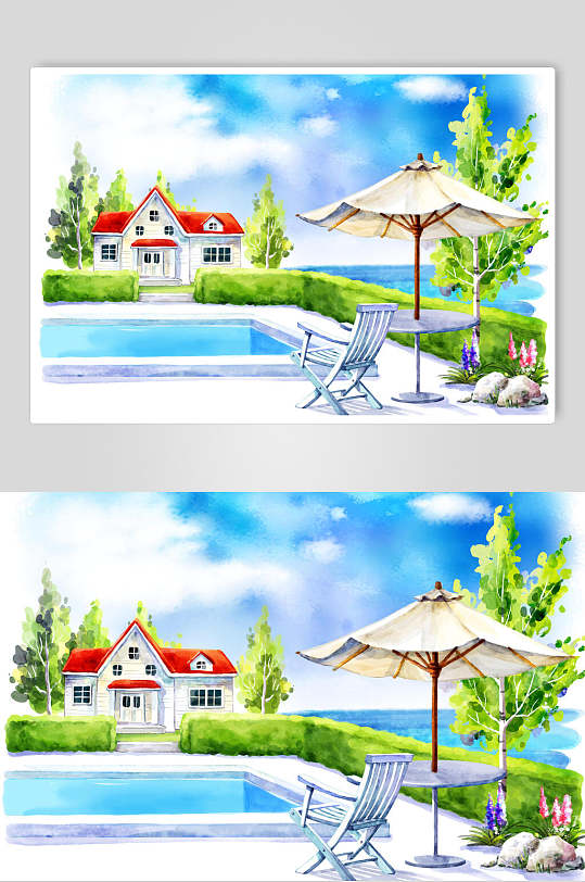 泳池房子海滩卡通插画