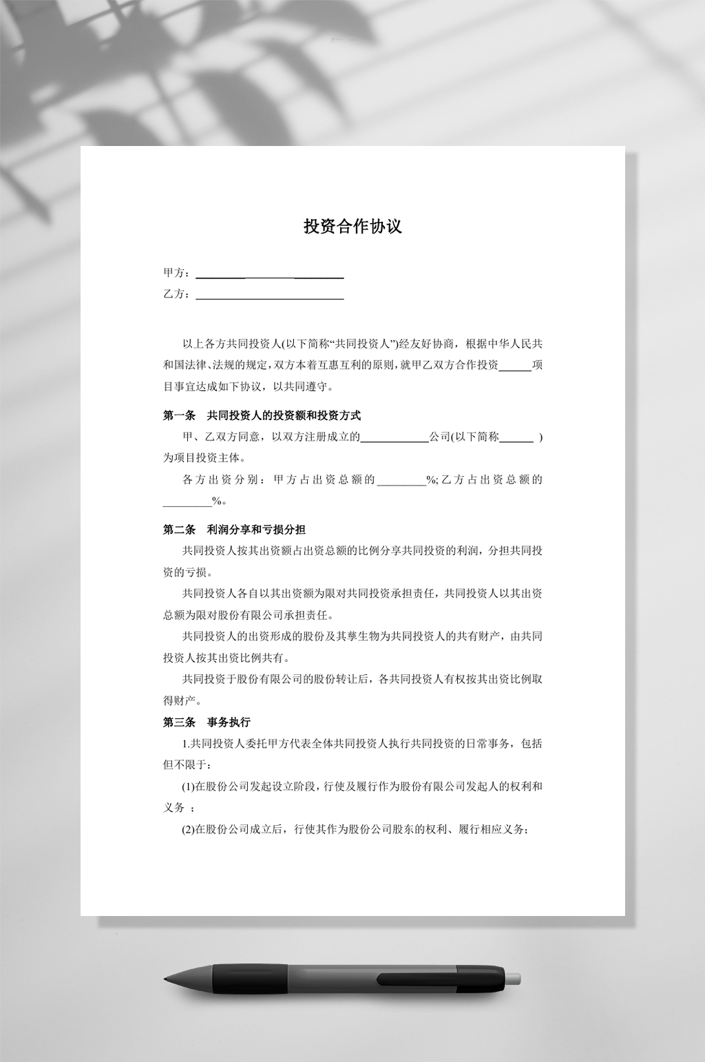 投资合作协议书范本WORD素材