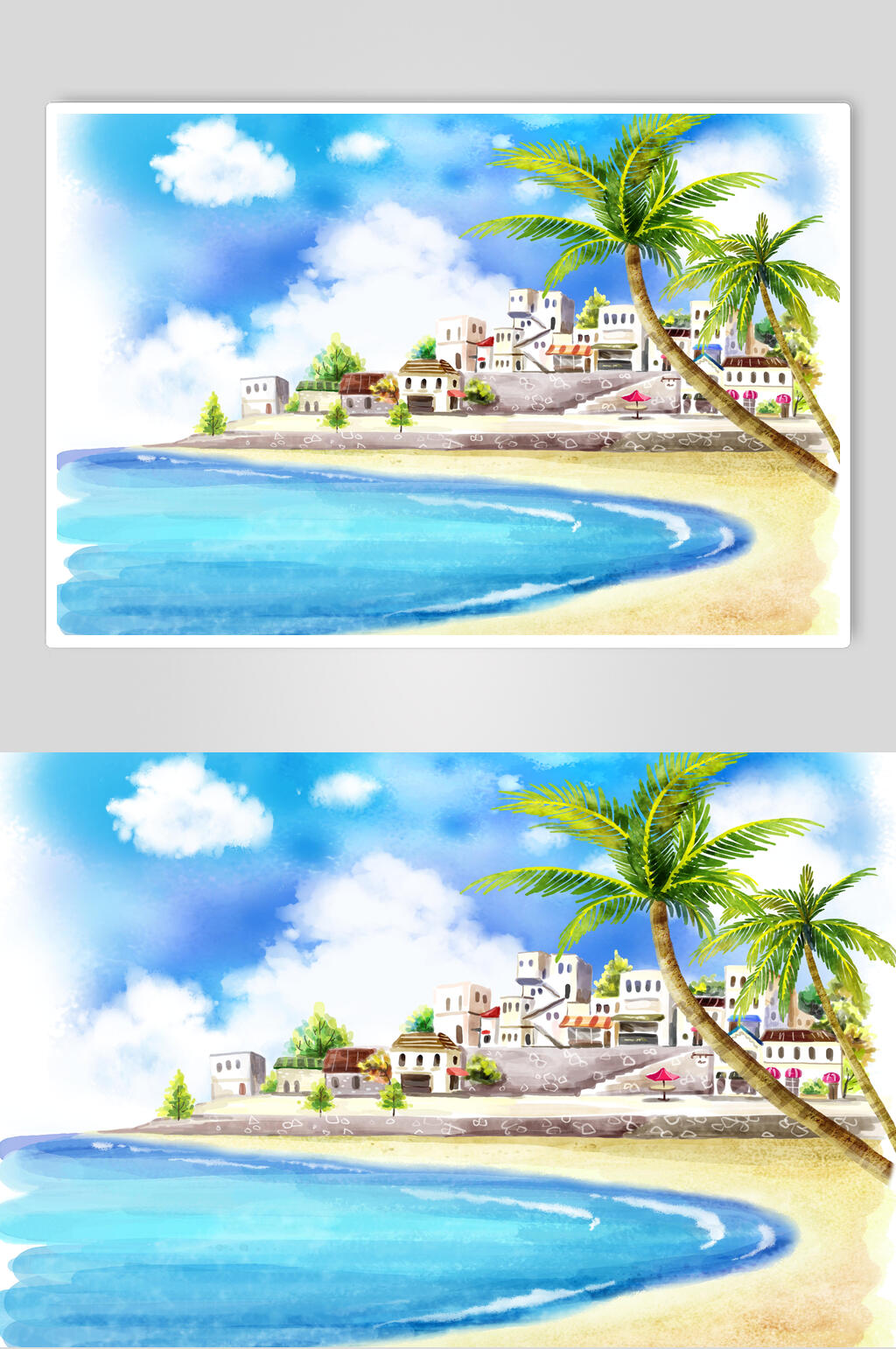 白云蓝色大海卡通插画素材
