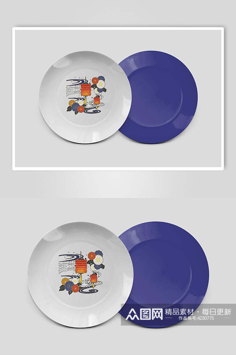 盘子花朵灯笼印画紫色文创样机素材